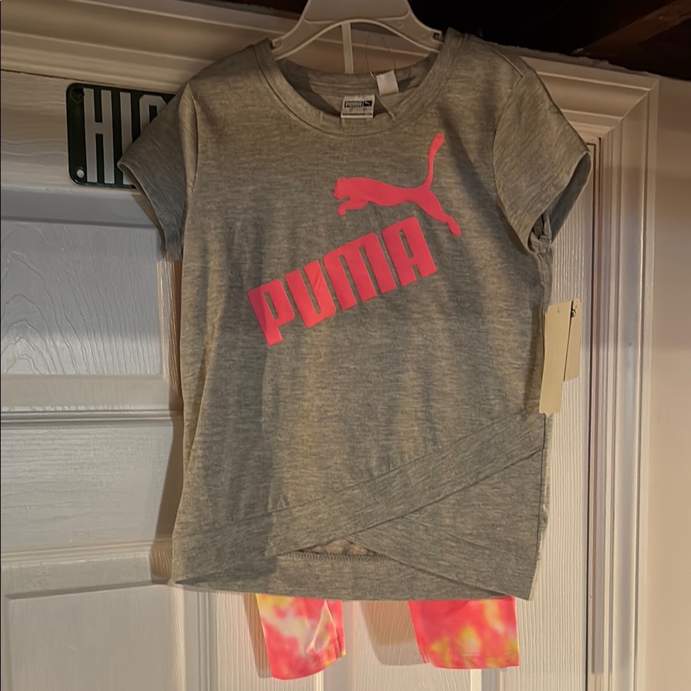 Puma Heather Gray Tee with Neon Pink Logo Set